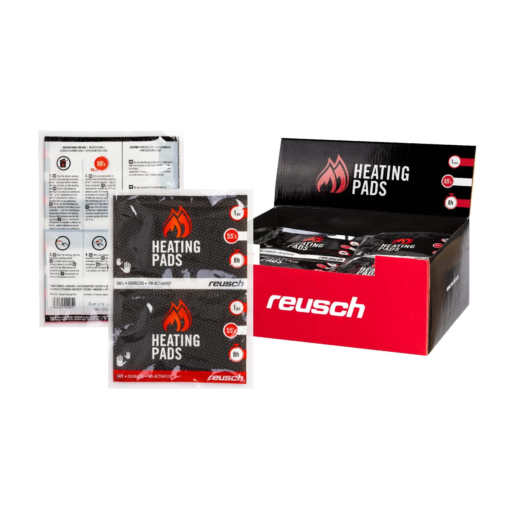 Heizkissen der Marke Reusch, verpackt und lose, mit Hinweisen und in roter Verkaufsverpackung.