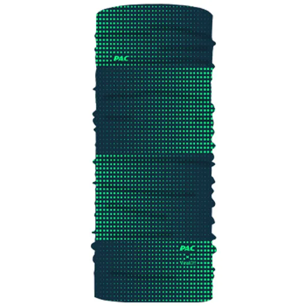 Dark blue PAC ViralOff tube scarf with turquoise dot pattern and PAC logo.