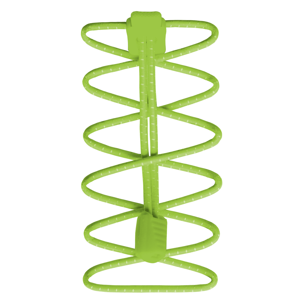 Grüne, elastische Run Laces mit Schnallen zur Fixierung. Spiralförmiges Design für sicheren Halt.