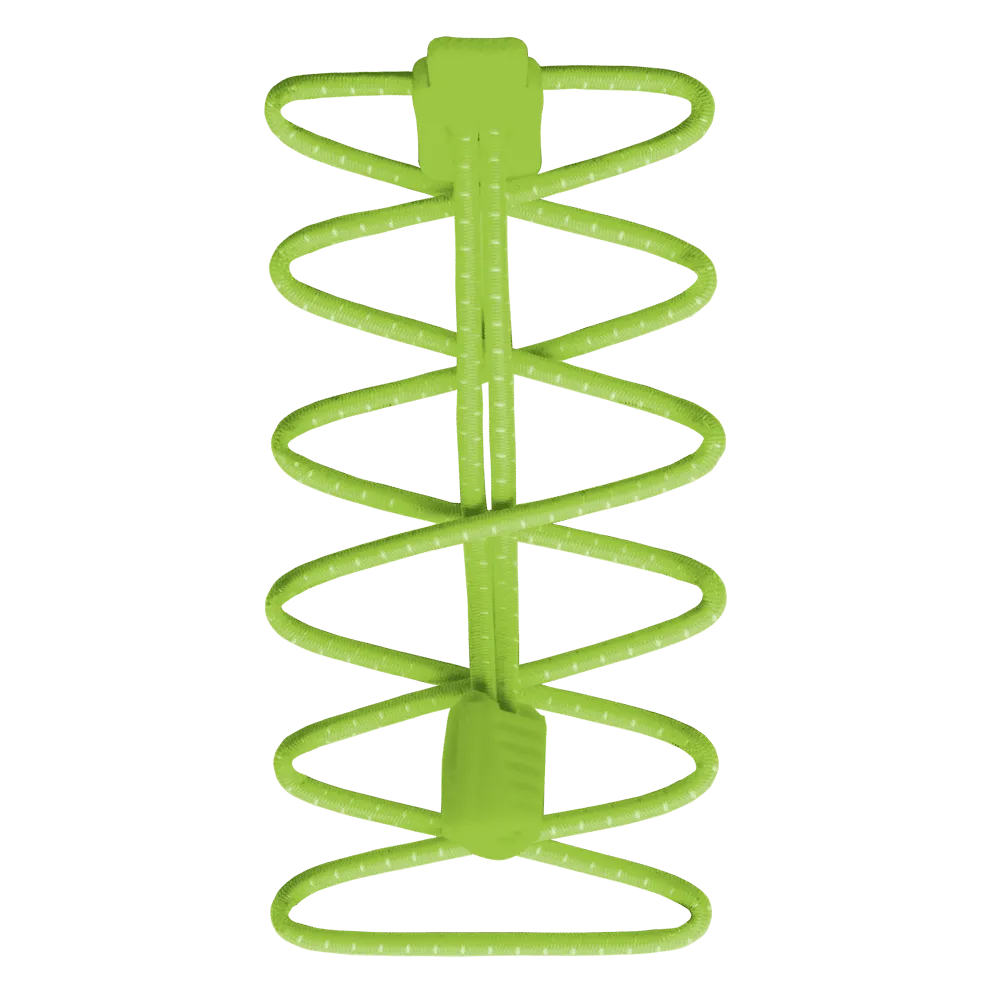 Green, elastic run laces with buckles for fastening. Spiral design for a secure hold.