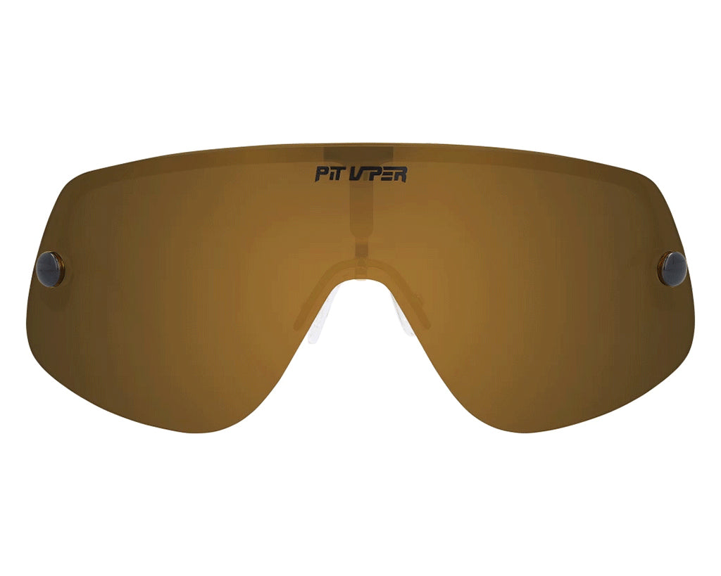 Goldfarbene, polarisierte Skibrille von Pit Viper mit schwarzem Logo.