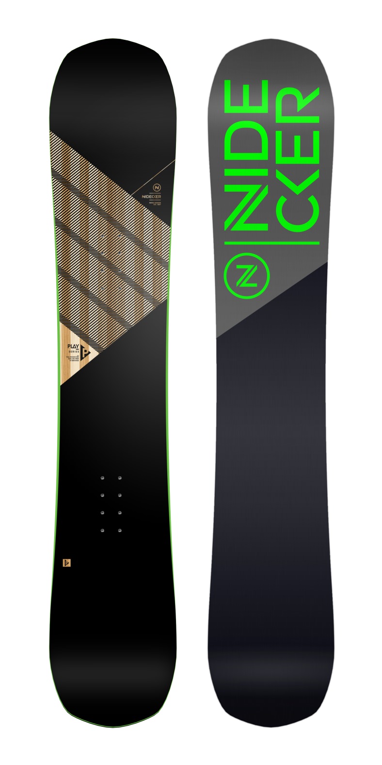 Zwei Nidecker Play Snowboards: Eins mit Holzstreifen-Design, das andere mit großem, grünem Nidecker-Logo.