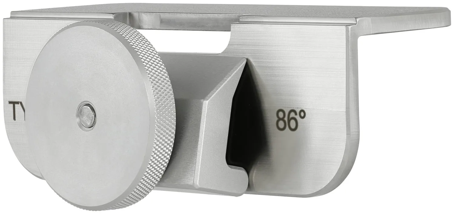 Metal device with adjusting wheel, angled holder and degree mark "86°".