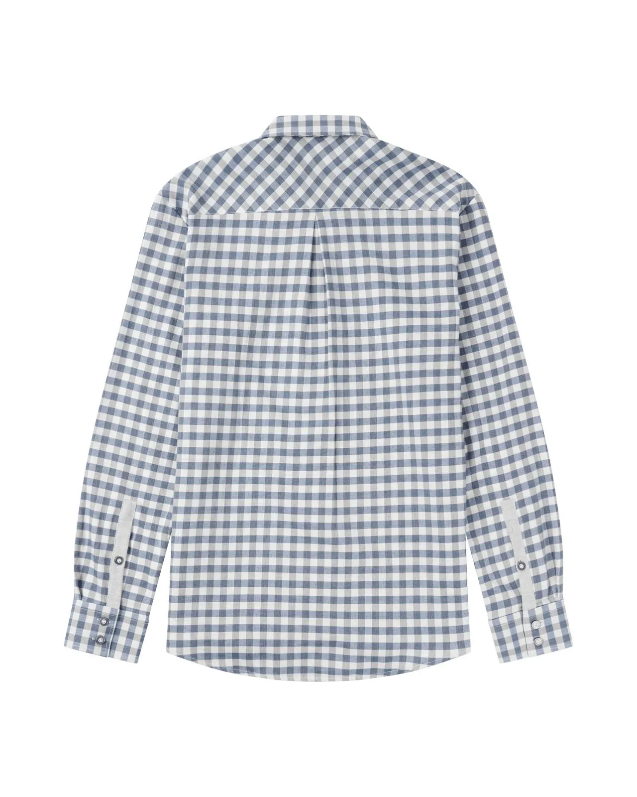 Long-sleeved, checked shirt in blue and white, back view, with collar and cuffs.