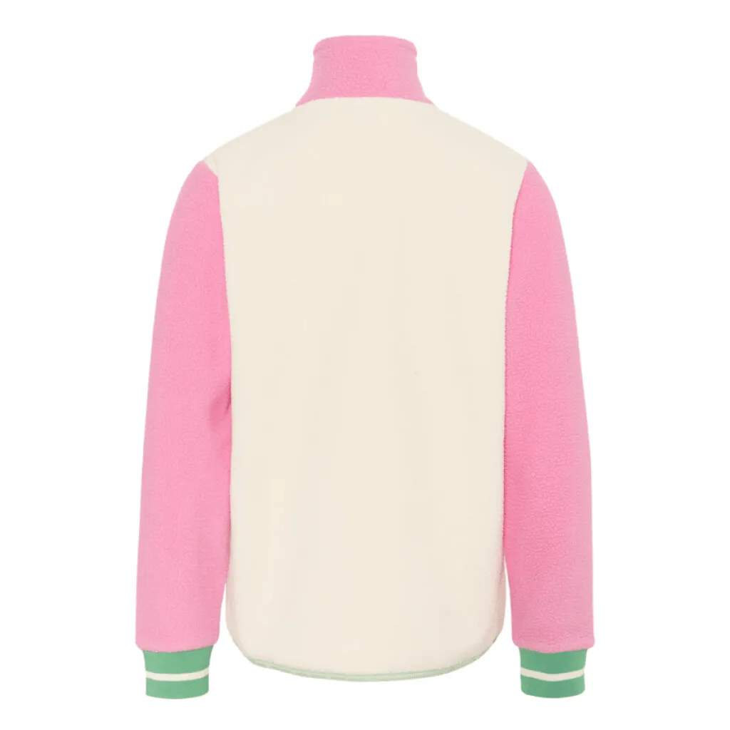 Back view of a Kari Traa Rothe midlayer made of fleece in white with pink sleeves and green and white striped cuffs.