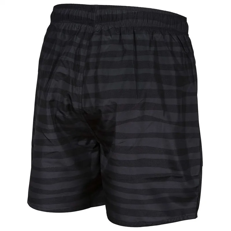 Black Arena Boxer swim trunks with horizontal stripe pattern, shown from behind, with visible elastic waistband.