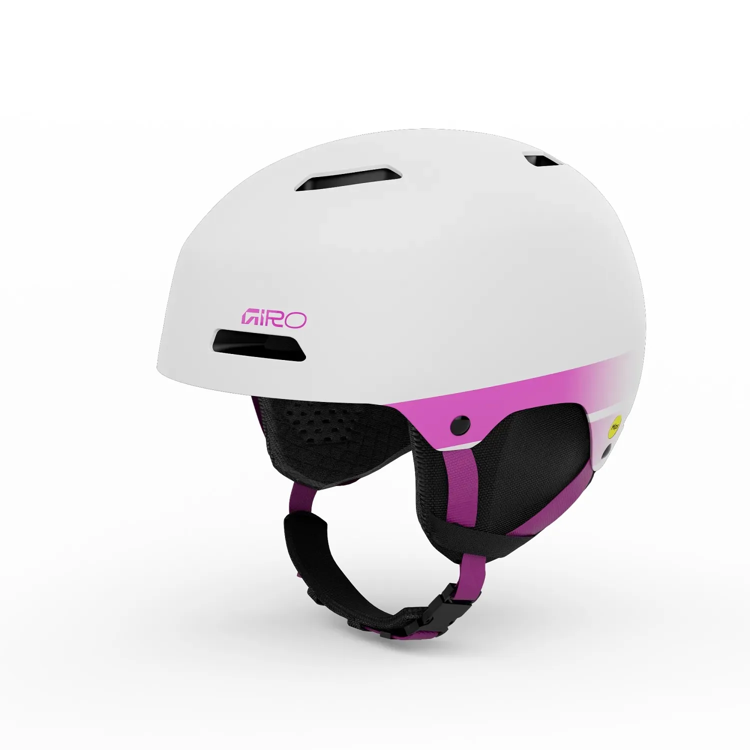 White ski helmet with ventilation holes, logo and pink stripe. Chin strap with buckle and earmuffs.