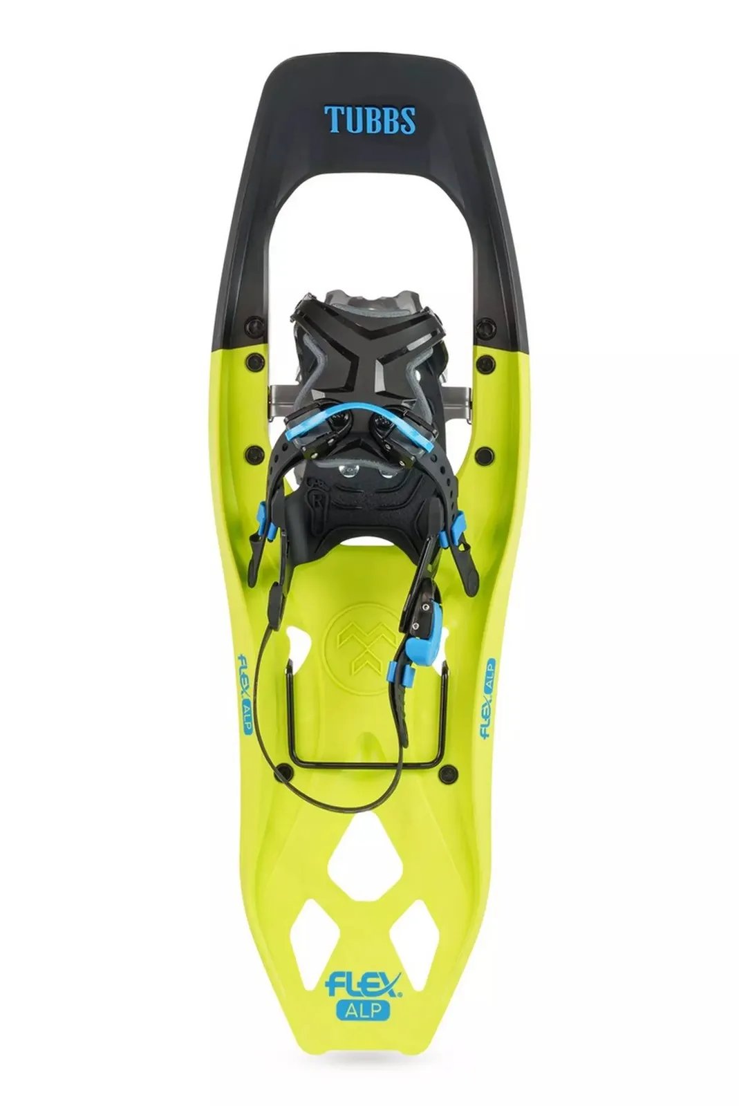Close-up of a Tubbs Flex Alp 21 women's snowshoe in lime green, front view. The binding is black and blue.