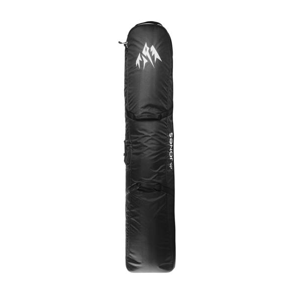 Schwarze, längliche Jones Board Bag Adventure Snowboardtasche mit weißem Logo und Schriftzug.