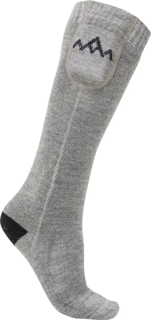 Gray merino wool heated sock with black heel and battery pocket on the shaft.