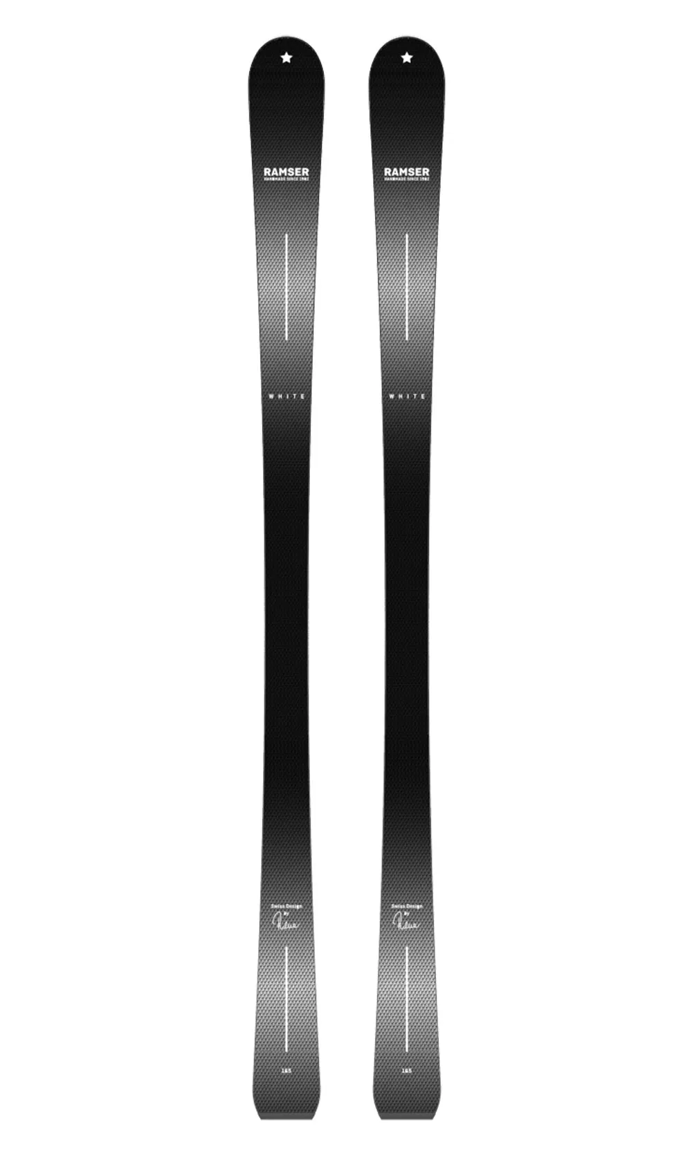 Two Ramser White LTD skis, taken from top to bottom, with black pattern and white lettering.