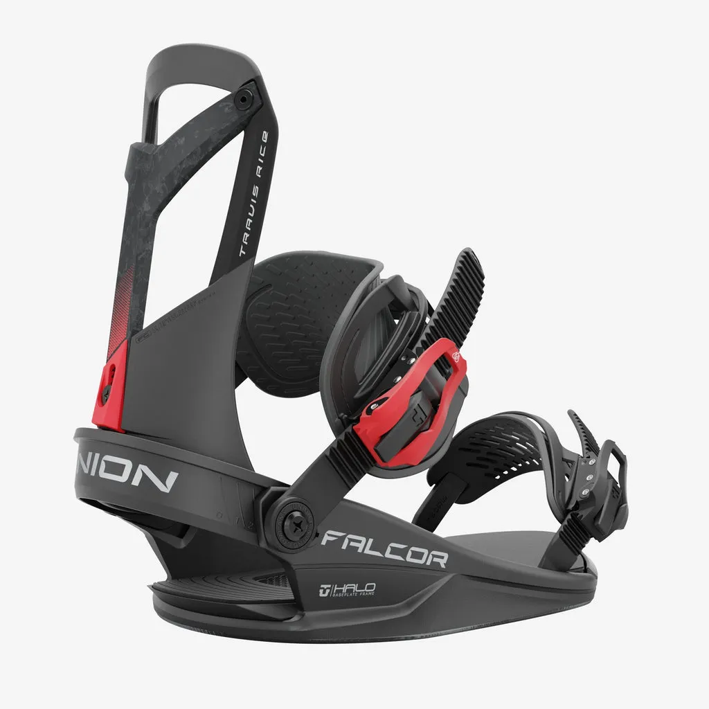 Black Union Falcor snowboard binding with red accents, side view.