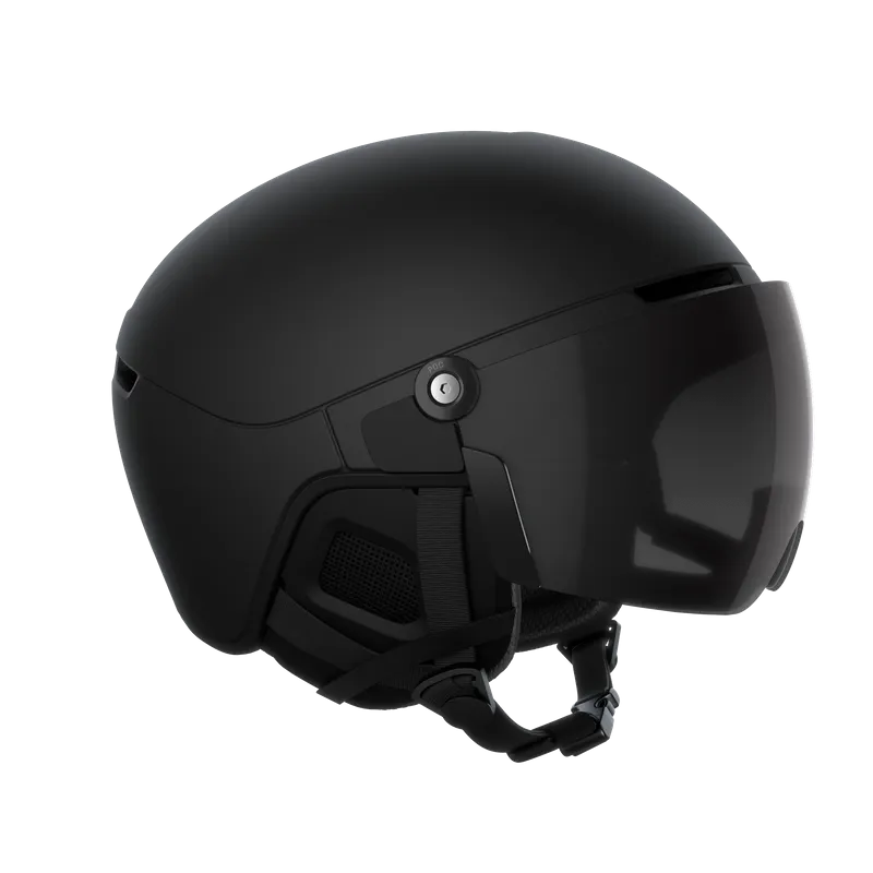 Casco POC Obex Visor nero con visiera integrata, vista laterale. Casco da sci con sostituzione della maschera per una visione chiara.