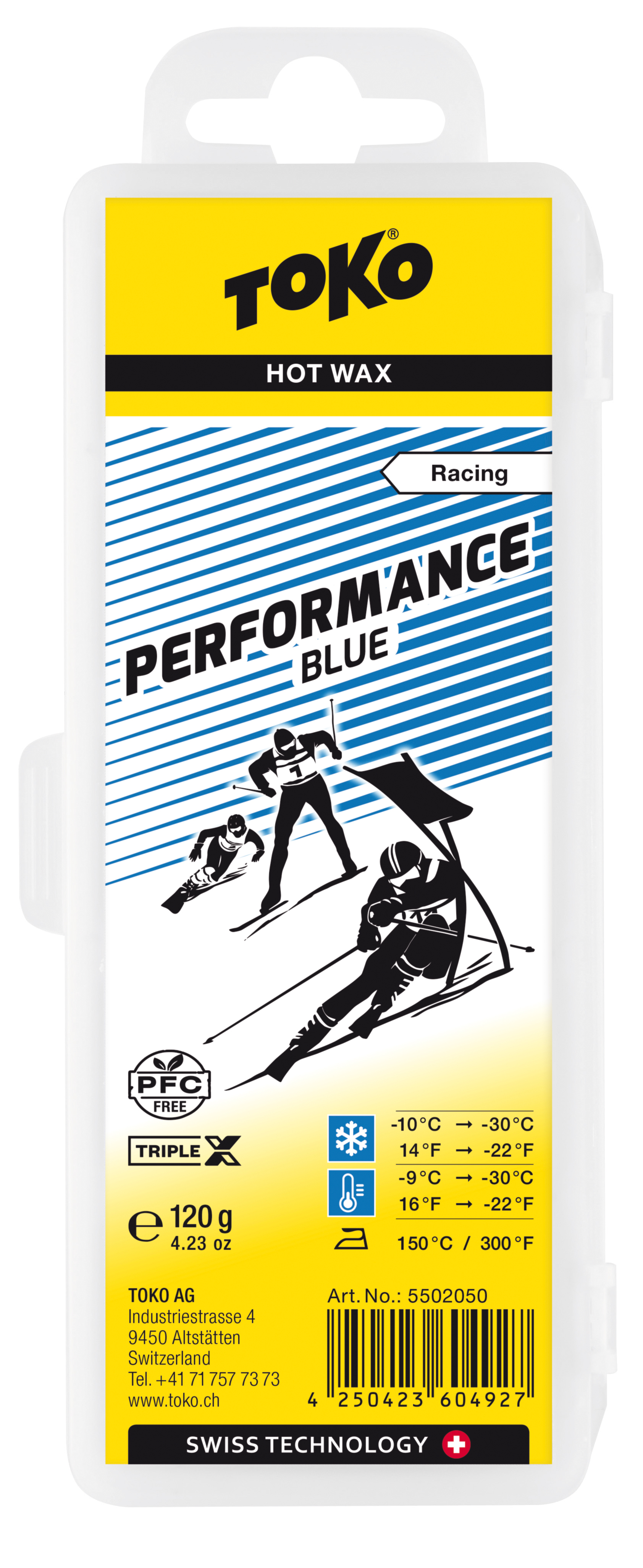 Verpackung Toko Performance Blue Heisswachs, mit Skifahrer-Illustration, 120g, für kalte Schneebedingungen.
