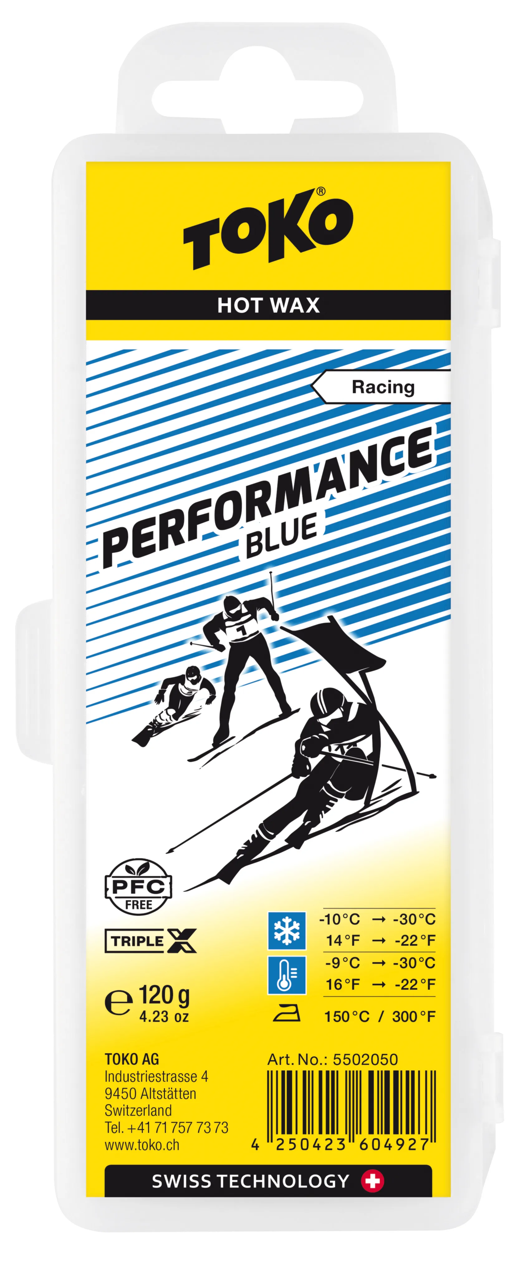 Verpackung Toko Performance Blue Heisswachs, mit Skifahrer-Illustration, 120g, für kalte Schneebedingungen.