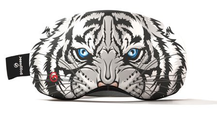 Skibrillen-Schutzhülle mit weißem Tigerkopf und blauen Augen.
