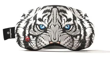 Protective ski goggle cover with white tiger head and blue eyes.