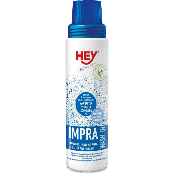 Weiße Flasche Impra Wash mit blauem Deckel, Text mit Produkteigenschaften auf dem Etikett.