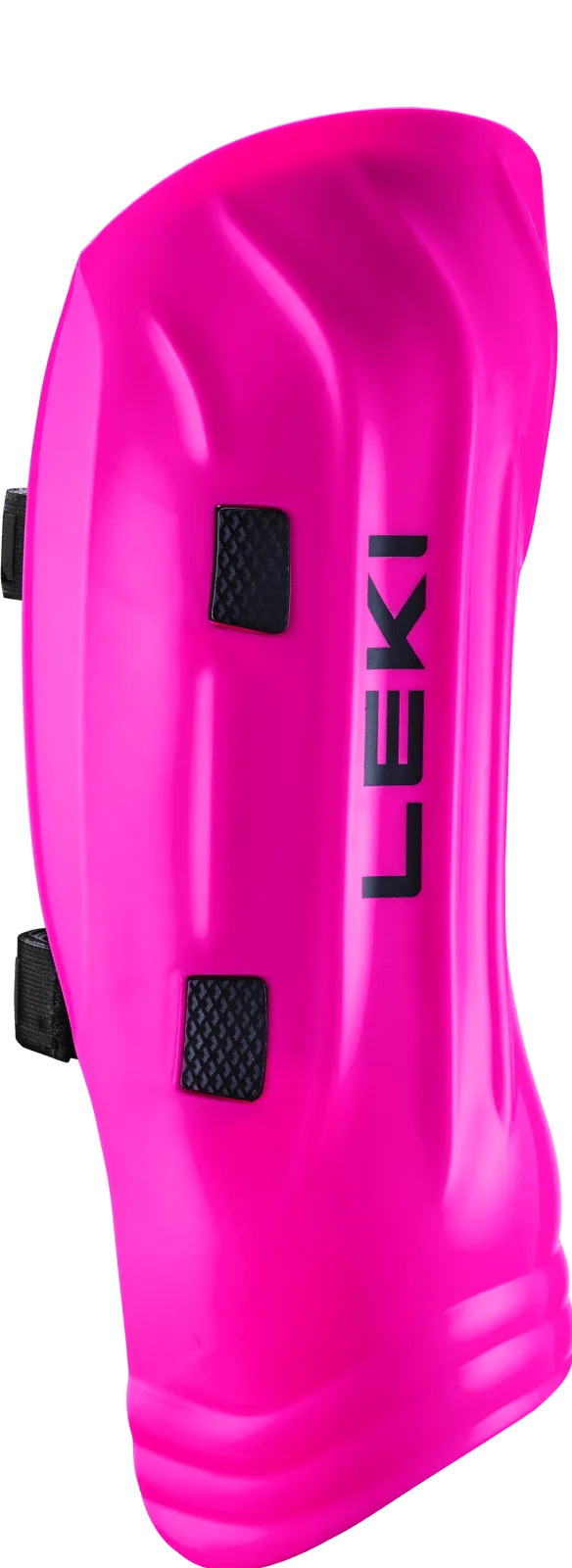 Ein pinkfarbener Unterarmschutz mit dem schwarzen Schriftzug "LEKI" und zwei schwarzen, quadratischen Polstern.