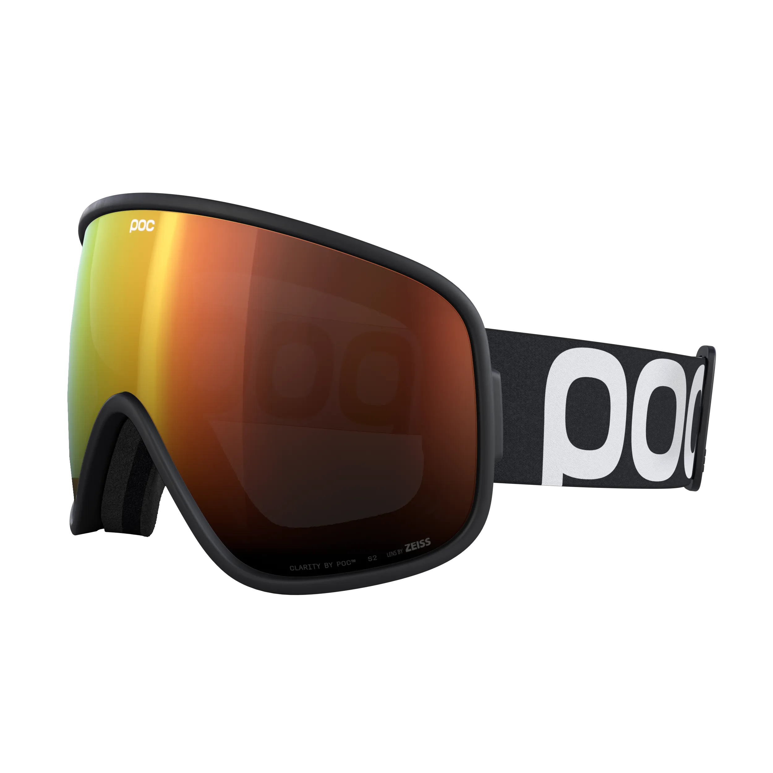 POC Vitrea ski goggles, black frame, orange tinted lens, POC logo on the side strap.