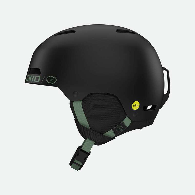 Schwarzer Giro Ledge FS MIPS Helm, Seitenansicht. Akzente in grün, mit MIPS Aufkleber.