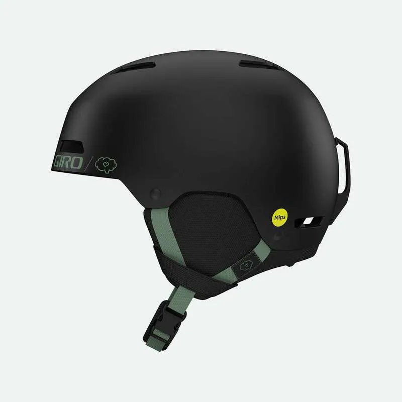 Schwarzer Giro Ledge FS MIPS Helm, Seitenansicht. Akzente in grün, mit MIPS Aufkleber.
