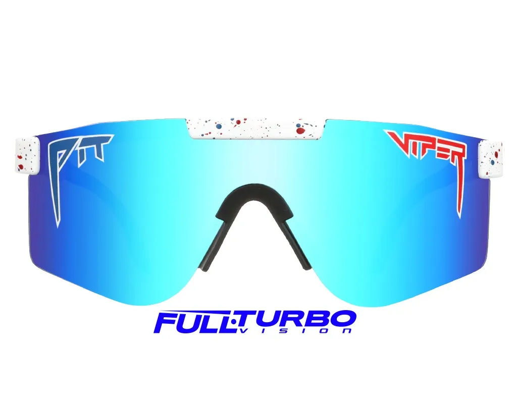 Vista frontale degli occhiali da sole polarizzati Pit Viper "Absolute Freedom" con lenti blu e montatura bianca.