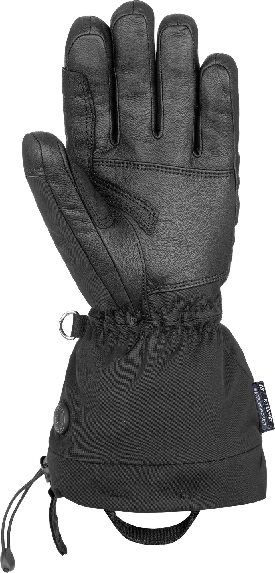 Schwarzer Reusch Instant Heat r-tex XT beheizbarer Skihandschuh, Handfläche aus Leder, Bündchen aus Stoff, Knopf für Heizstufen.