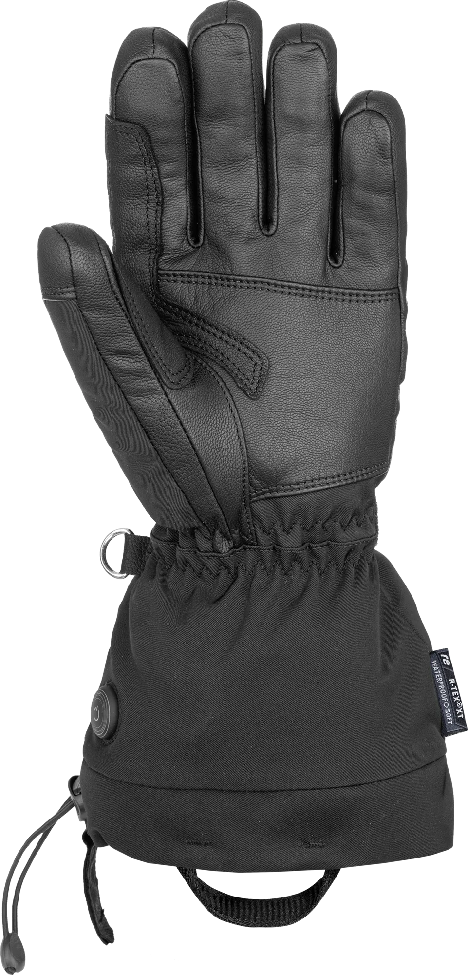 Black Reusch Instant Heat r-tex XT heated ski glove, leather palm, fabric cuff, button for heating levels.