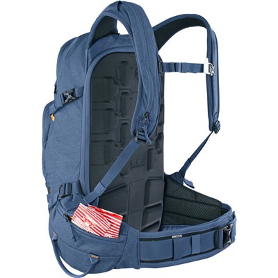 Sac à dos bleu Evoc Line Pro 20L, L-XL, montré de dos, détails des bretelles et des ailes de hanche visibles.