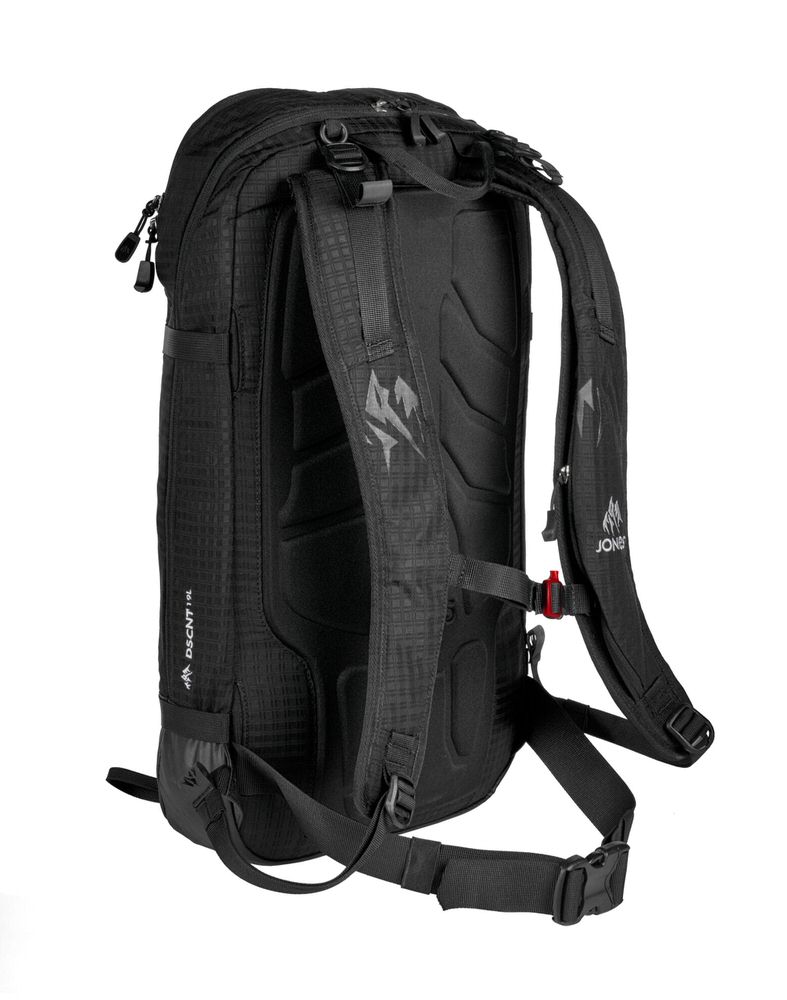 Black Jones DSCNT 19L backpack with shoulder straps, chest strap and hip belt, for ski and snowboard tours.