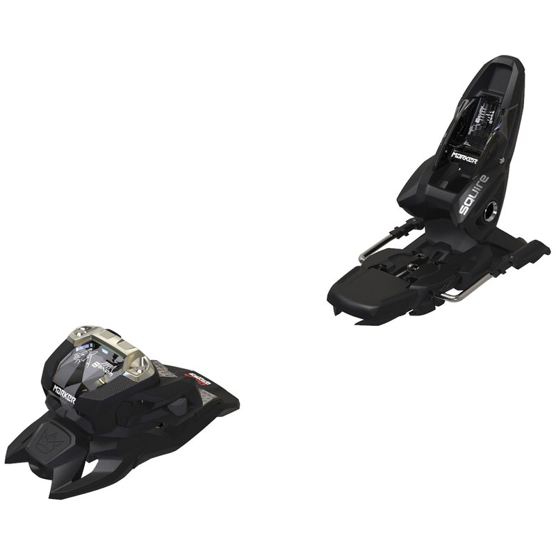 Deux fixations de ski, Marker Squire 11, en noir, partie avant et arrière, sur fond blanc.