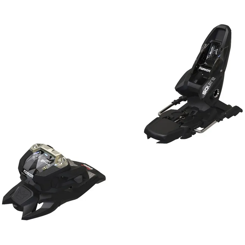 Two ski bindings, Marker Squire 11, in black, front and back, on a white background.