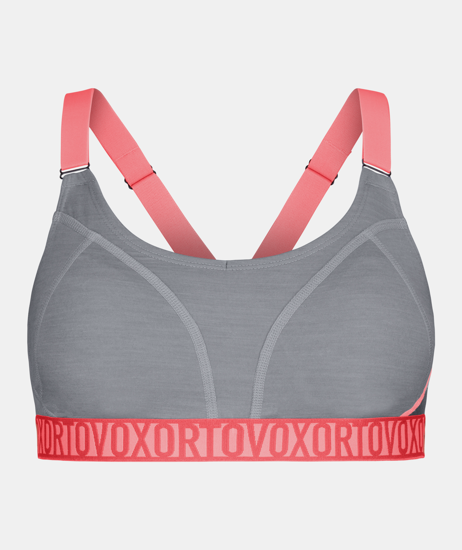 Top de sport gris à dos nageur Top de sport gris avec une coupe racerback et des bretelles roses, le logo "ORTOVOX" est représenté sur la bande rose.