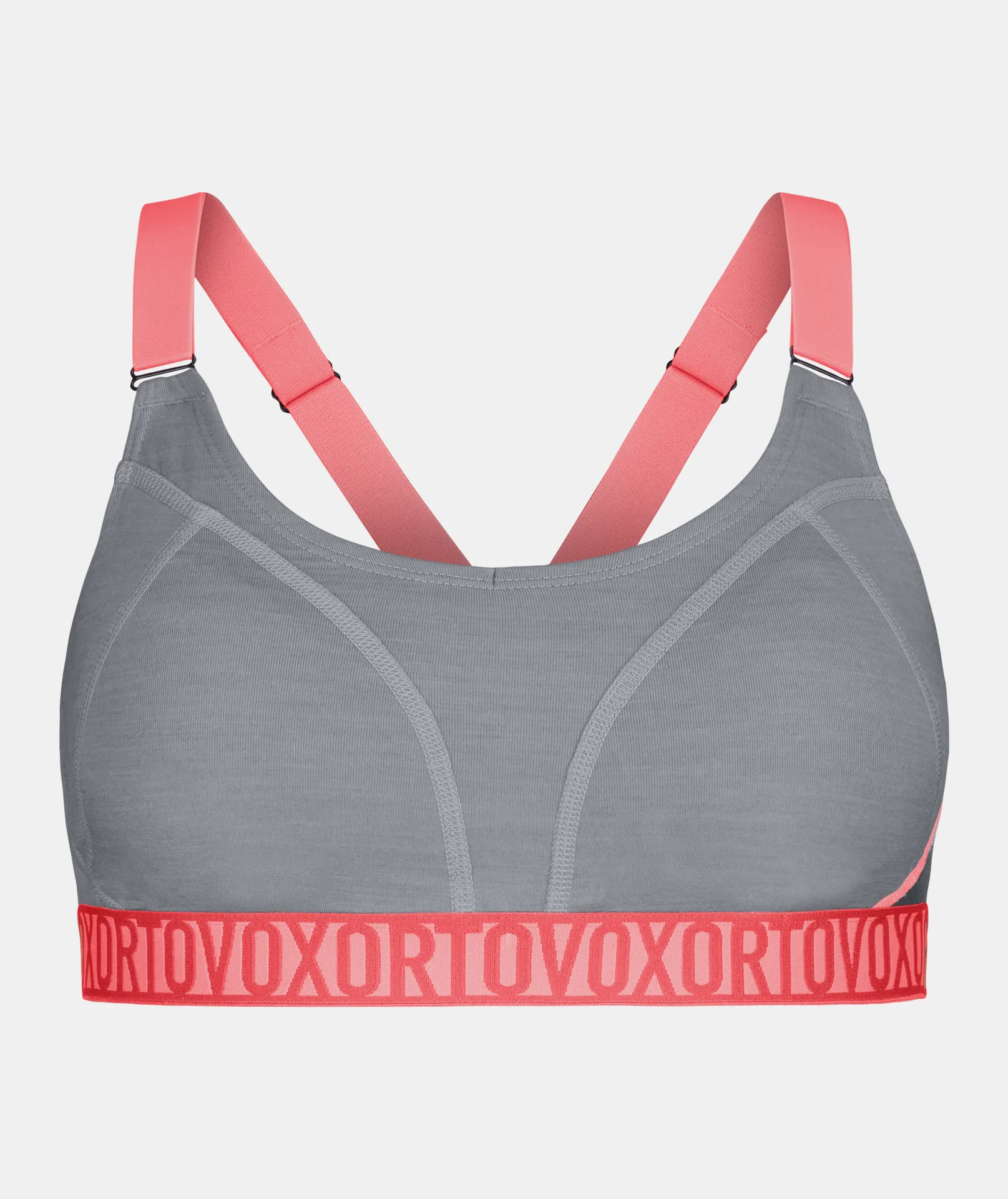 Top de sport gris avec une coupe racerback et des bretelles roses, le logo "ORTOVOX" est représenté sur la bande rose.