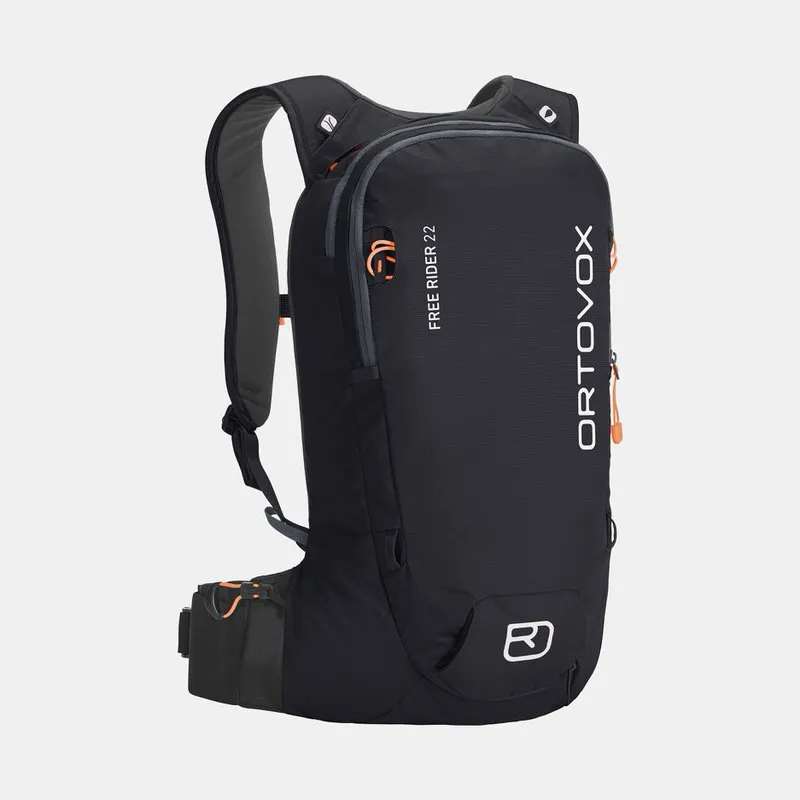 Zaino Ortovox Freerider 22 nero, vista laterale, con cinghie, cintura e logo.