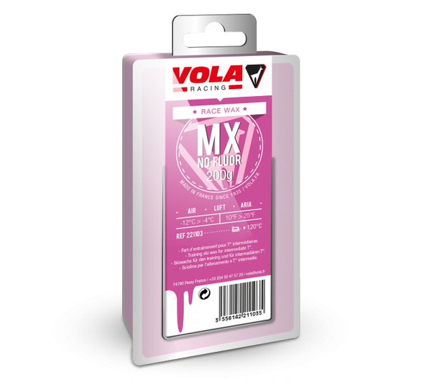 Verpackung Vola Racing MX Violet 200g Skiwachs in rosa Umverpackung mit Temperaturangaben.