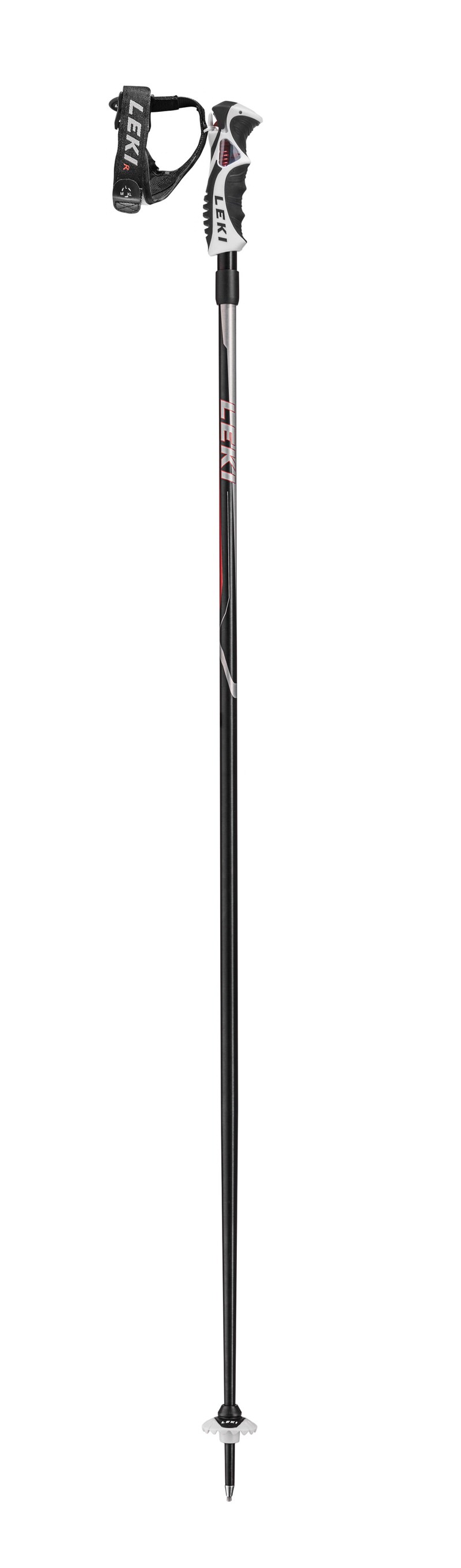 Schwarzer Leki Hot Shot S Skistock mit Trigger S Griff und Alpinteller, Detailaufnahme.