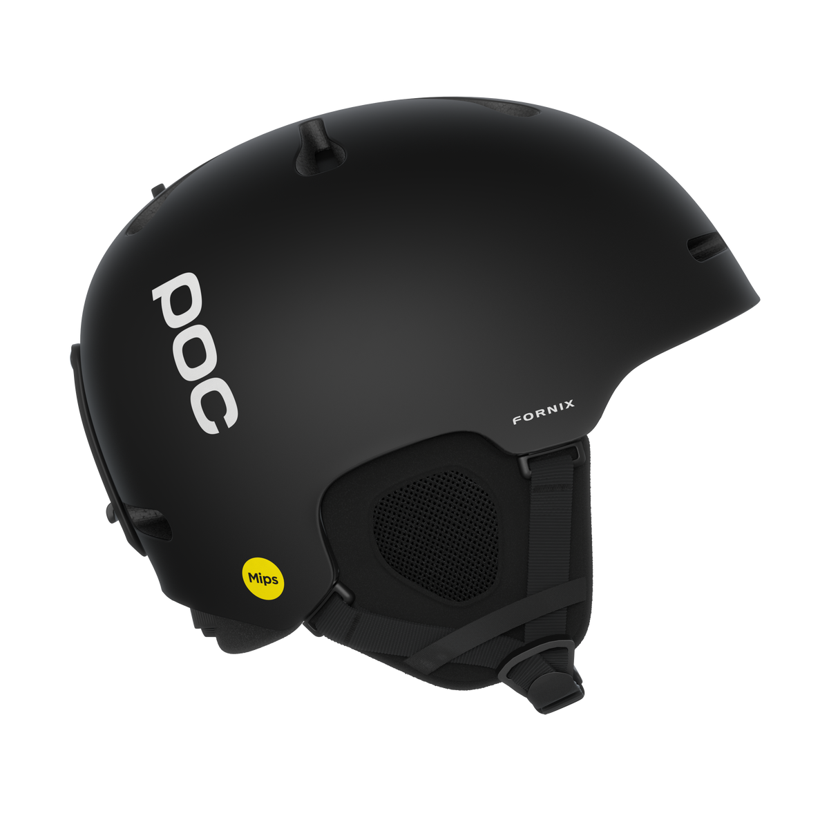 Casque de ski noir Poc Fornix Mips. Le logo Poc est visible sur le côté du casque. Le logo Mips se trouve sur le bord inférieur.