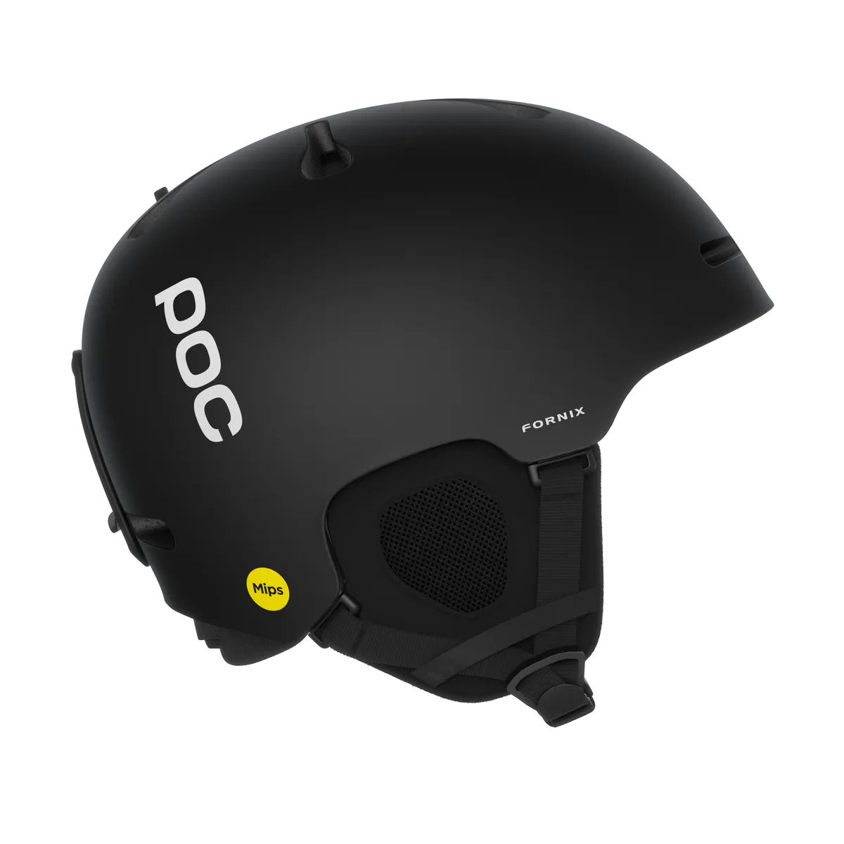 Casco da sci Poc Fornix Mips nero. Il logo Poc è visibile sul lato del casco. Il logo Mips si trova sul bordo inferiore.