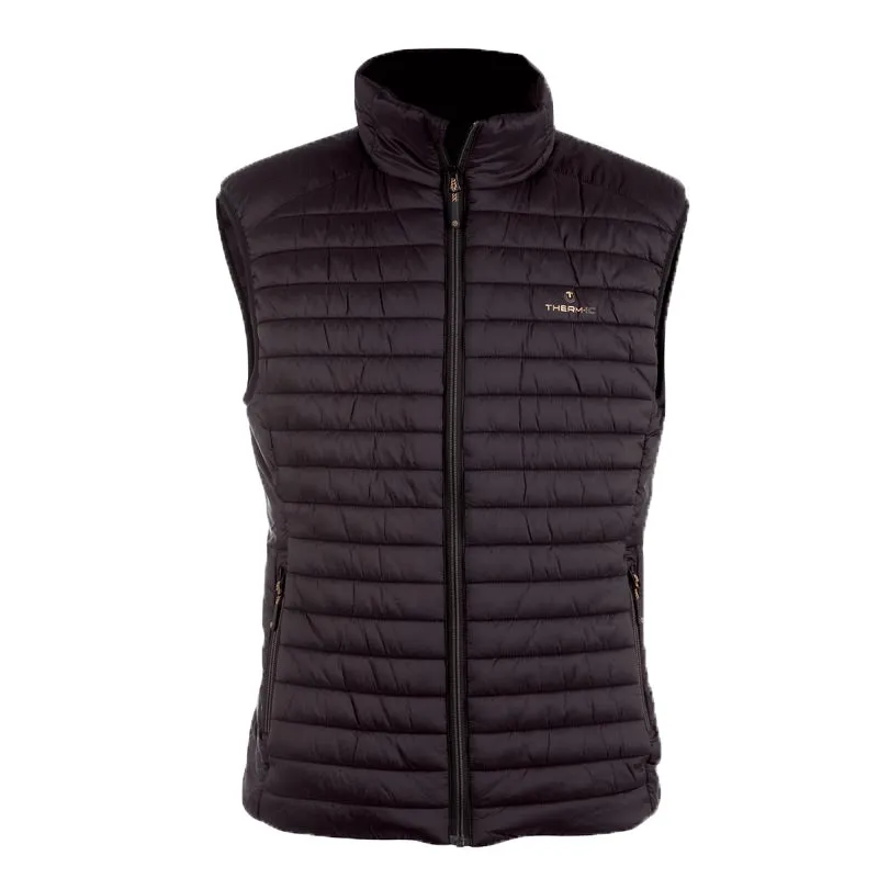 Gilet Heated noir matelassé Therm-ic pour hommes, vue de face, fermeture éclair et col montant.