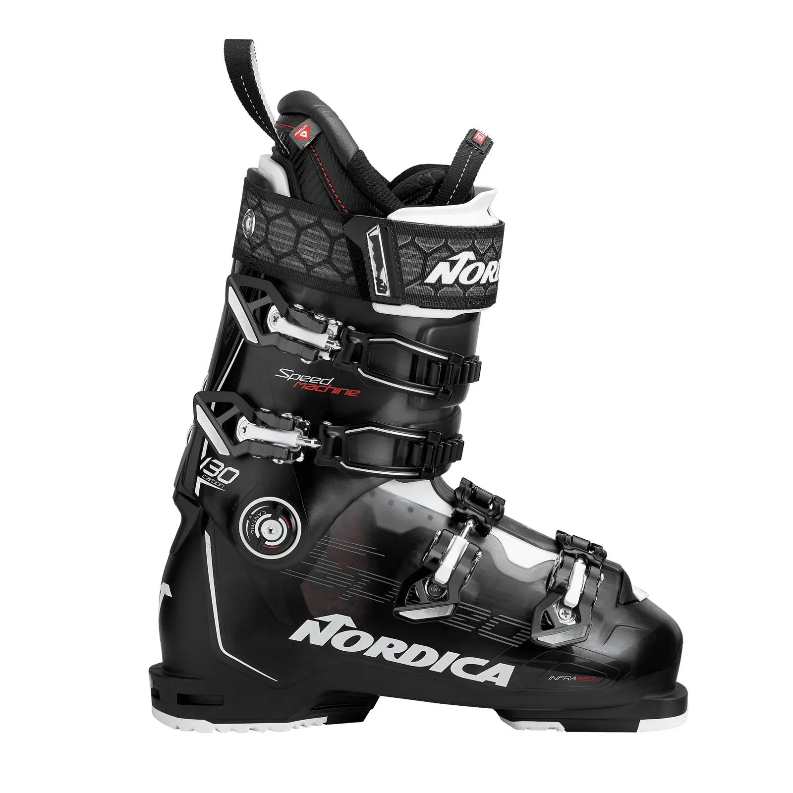 Black Nordica Ski boot Speedmachine 130 Carbon from the side, with silver buckles and white liner.