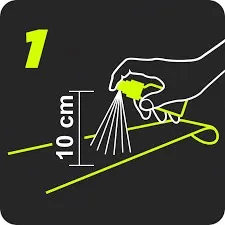 Applying Gigaglide Tour Spray: Spray onto skis from a distance of 10 cm. Symbolic representation.