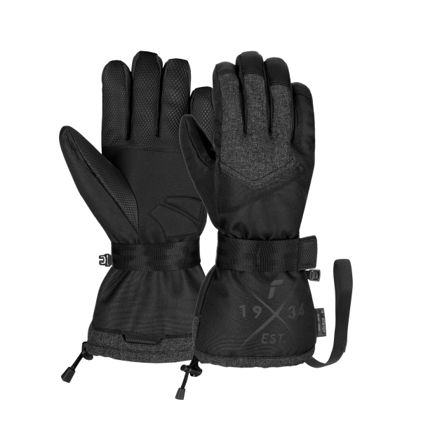 Ein Paar schwarze Winterhandschuhe mit verstellbaren Handgelenksriemen.