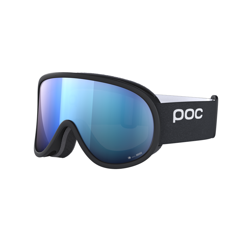 Schwarze POC Retina Mid Skibrille mit blauer zylindrischer Linse, von der Seite fotografiert.