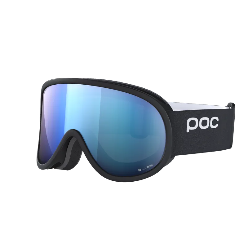 Black POC Retina Mid ski goggles with blue cylindrical lens, photographed from the side.