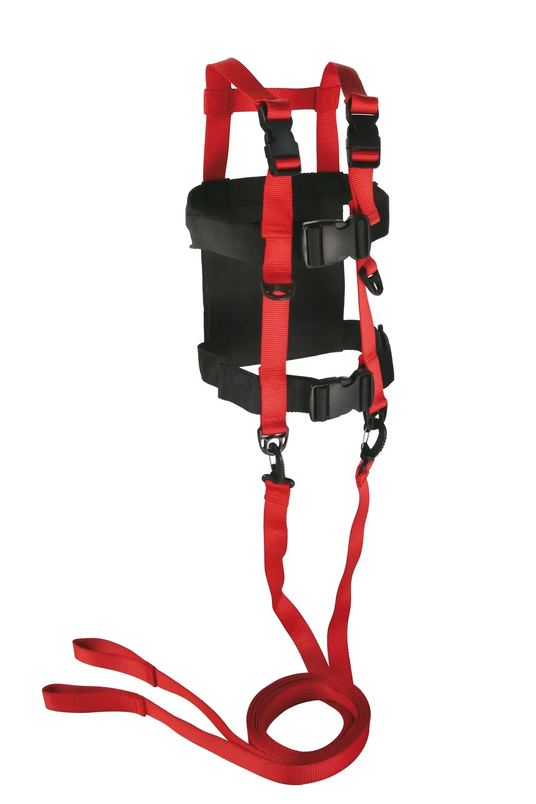 Black harness with red straps and leashes for the ski trainer.