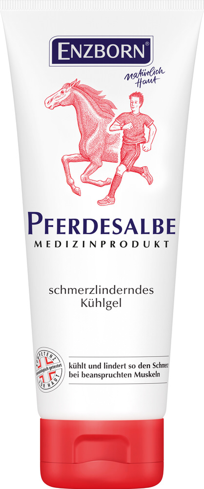 Weiße Tube Pferdesalbe mit rotem Pferd und Läufer-Illustration. "Pferdesalbe" Schriftzug. Roter Verschluss.