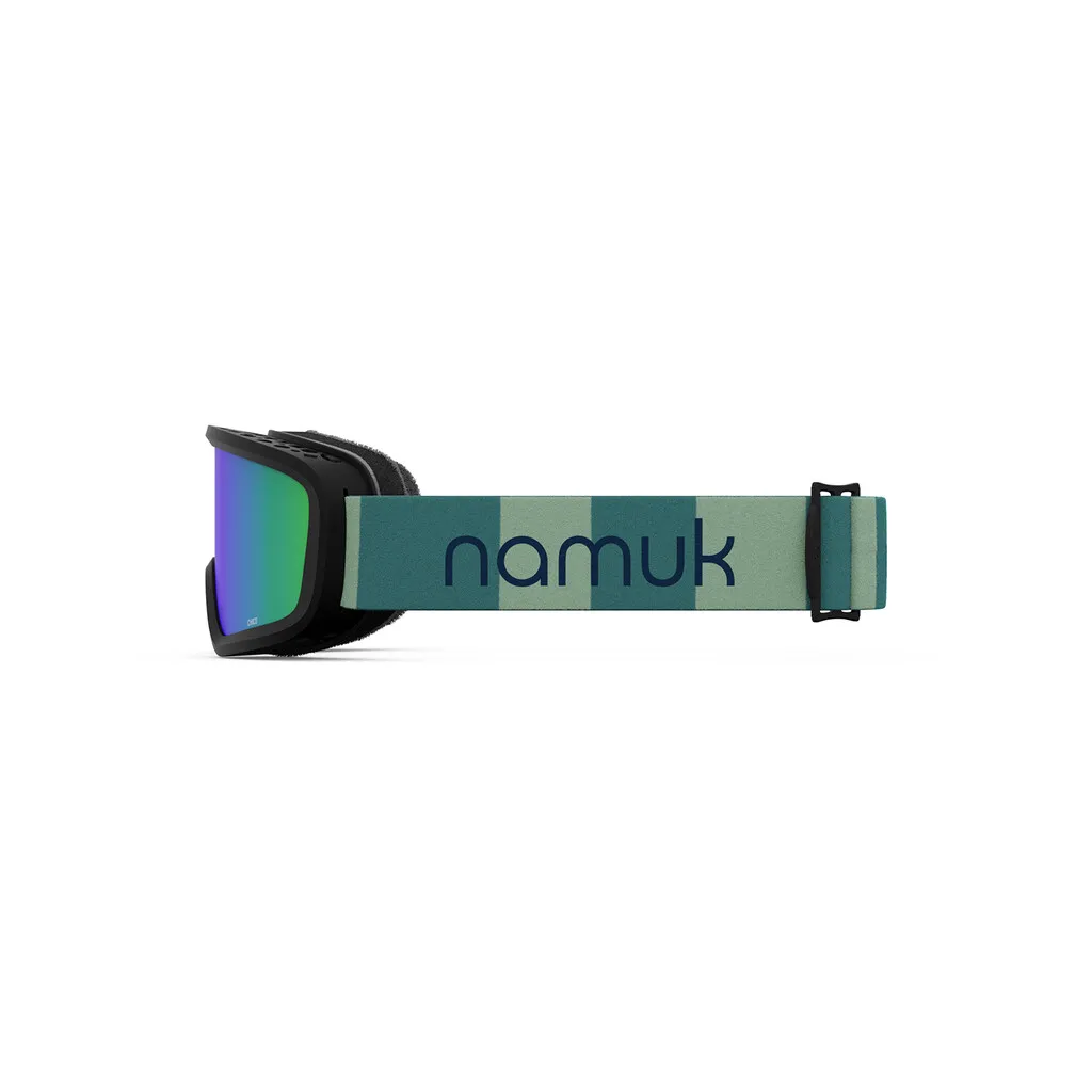 Detailaufnahme der Giro Chico 2.0 namuk jade green Skibrille mit grün-blau verspiegelter Linse und gemustertem Brillenband.