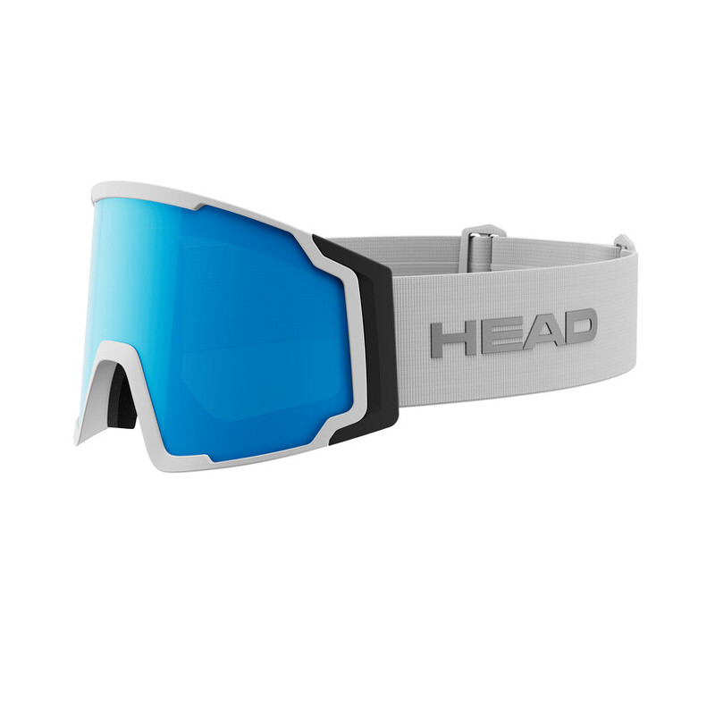 Nahaufnahme einer Head Neves L Skibrille mit blau verspiegelter, torischer Scheibe und grauem Band.